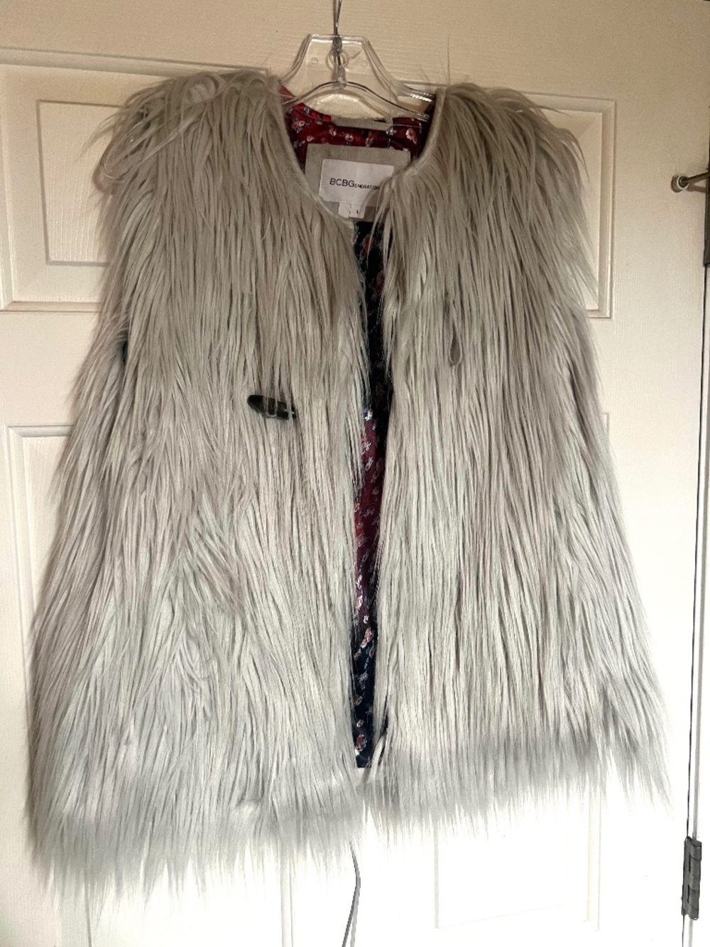 BCBGeneration Faux Fur Shaggy Vest- Lt Gray, Large